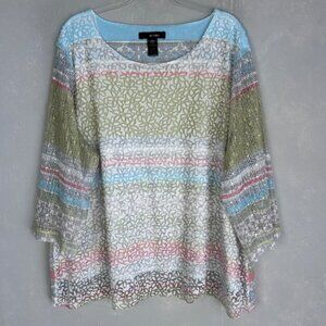 Ali Miles top plus size 3X burnout mesh floral white striped 3/4 sleeve sequined